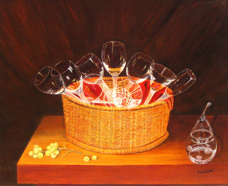 Corbeille de verres et poire aux raisins verts